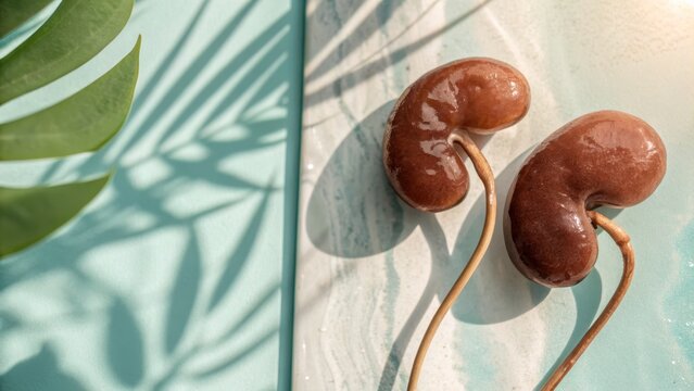 Realistic Human Kidney Organ Model With Artery and Vein, Studio Lighting, Tropical Leaf Shadows
