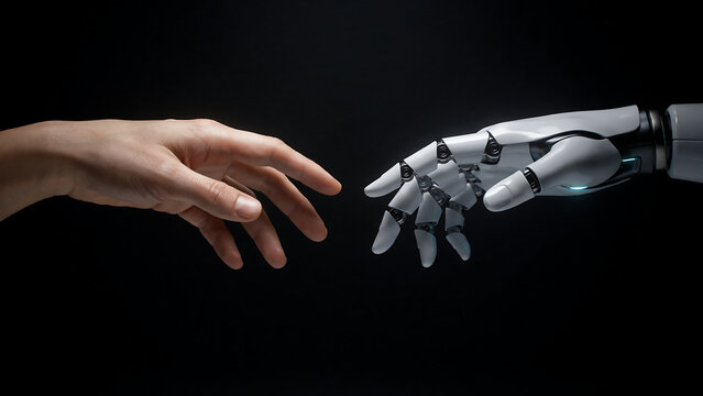 Close up of a human hand reaching out towards a white robotic hand against a dark black background, representing artificial intelligence contact