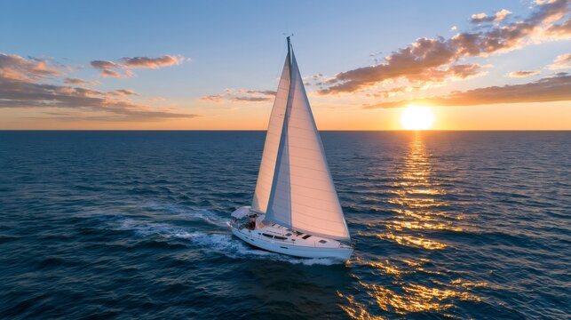 Sailboat cruising at sunset on open ocean