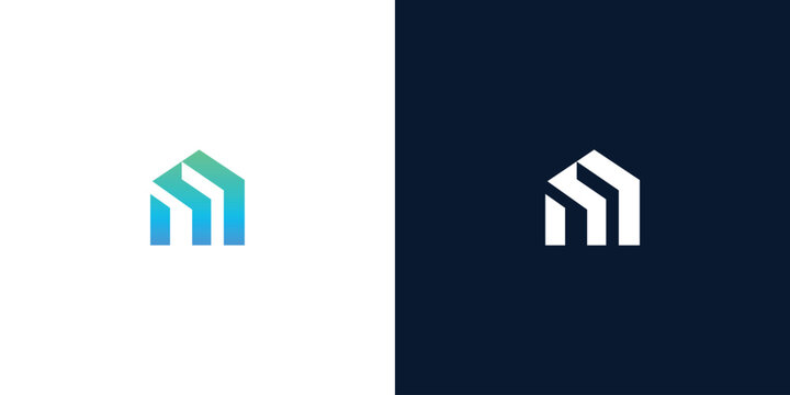 Modern abstract house logo design in blue and green gradient on a white background, and monochrome on a dark blue background