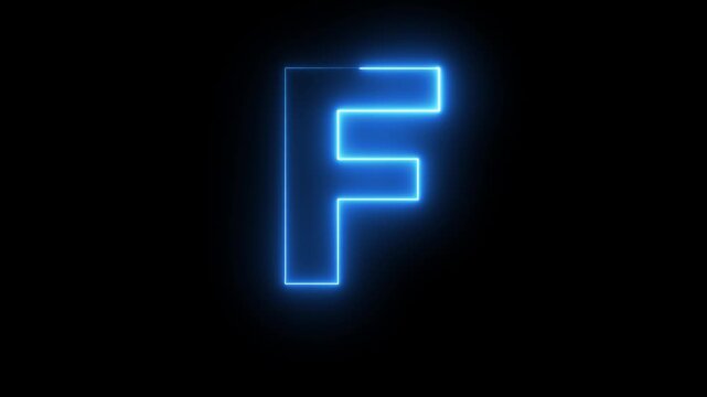 Neon English Capital Letter F text icon animation glowing blue color alphabet seamless smooth footage writing letter word sign symbol on black background