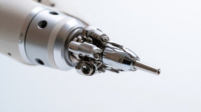 Precision Robotic Arm Tip: The intricate, metallic tip of an industrial robotic arm, featuring complex joints and a fine nozzle, showcases advanced engineering and manufacturing capability.