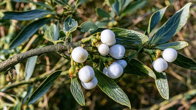 parasite. Mistletoe plant with white berries growing on an oak tree branch in a woodland. gardening catalogs, home-decor guides, designed for gardening and botanical catalogs.