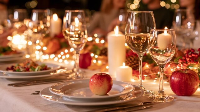Decorated dining table with wine glasses and burning candles