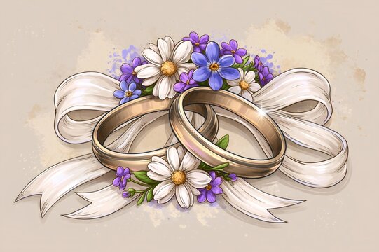 Wedding rings with flowers and ribbon illustrating marriage