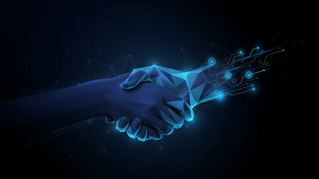 Digital handshake between human and robotic hands with glowing blue circuit lines and geometric mesh on a dark background, for technology