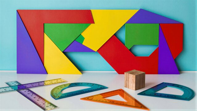 Colorful geometric shapes and measuring tools on a bright, clean surface.