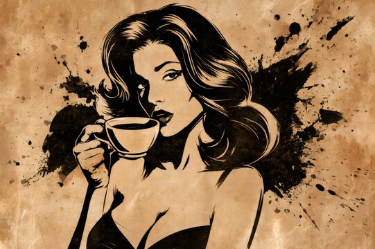 Woman drinking coffee in vintage pop art style