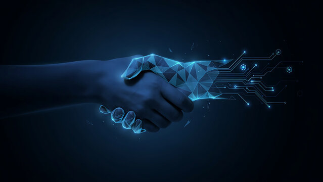 A digital handshake between a human hand and a robotic hand with glowing blue circuit patterns and geometric polygon mesh on dark background