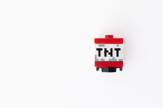 Lego Minecraft TNT block shot isolated on a white background with room for copy space. Bradford, UK Oct 2 2026