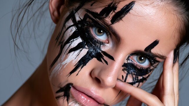 Woman with creative black and white face paint artwork
