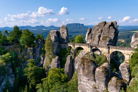 Bastei bridge spanning rock formations in saxon switzerland