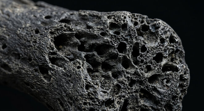 Dark porous bone texture, close-up macro, isolated on black background