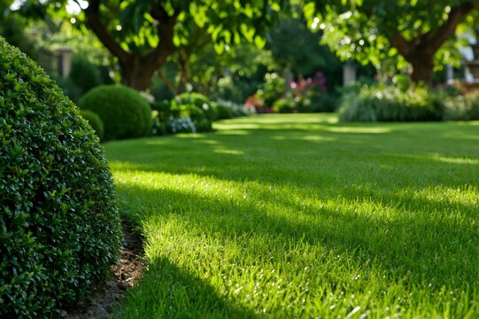 Lush green lawn with manicured topiary in summer garden