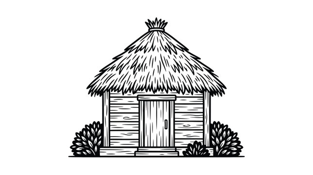 Detailed black and white vector illustration depicting a traditional wooden hut with thatched roof and surrounding bushes