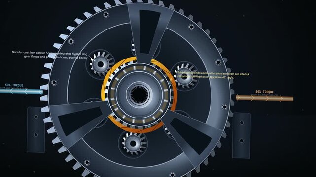 3D animation showing the kinematics and internal mechanics of a helical limited slip differential, illustrating torque transfer, gear meshing, and friction generation