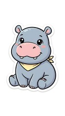 Obraz premium Adorable baby hippopotamus cartoon character sitting with a friendly expression, isolated on a white background, perfect for stickers, children's products, and nursery artwork.