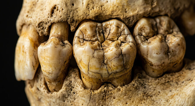 Close-up of ancient human skull teeth, showing decay and wear
