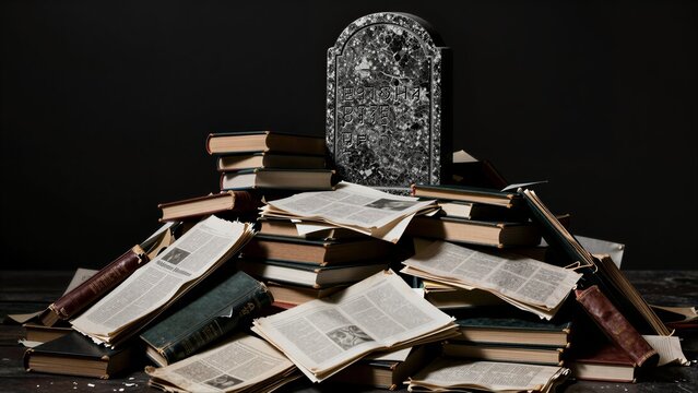 Books pile up like a graveyard, with a tombstone marking their end.