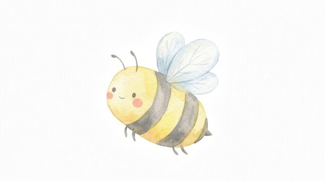 Cute cartoonish watercolor bee illustration with a sweet smiling face and delicate blue wings, flying against a clean white textured paper background, perfect for whimsical children's designs and spri
