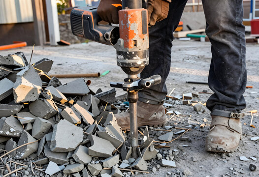Construction and infrastructure renovation, worker using a jackhammer to break concrete pavement on a building site for urban development and repair