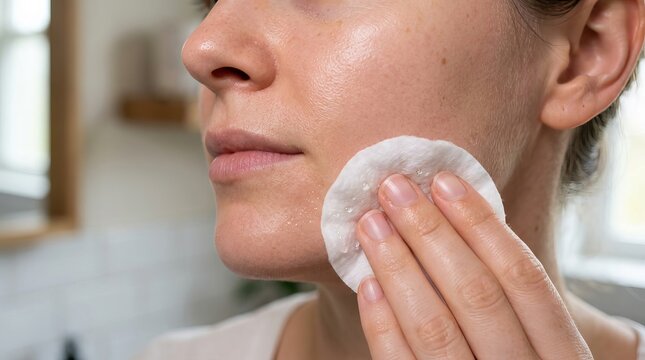 Close up of young woman cleaning her facial skin with a soft white cotton pad during a daily beauty hygiene routine