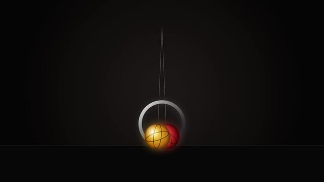 Kinetic pendulum animation with glowing red and gold spheres swinging on a dark background