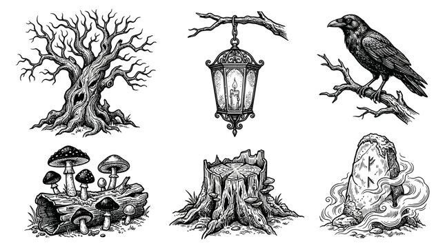 Scary forest elements rendered in detailed ink illustration style depicting haunted trees and ravens.