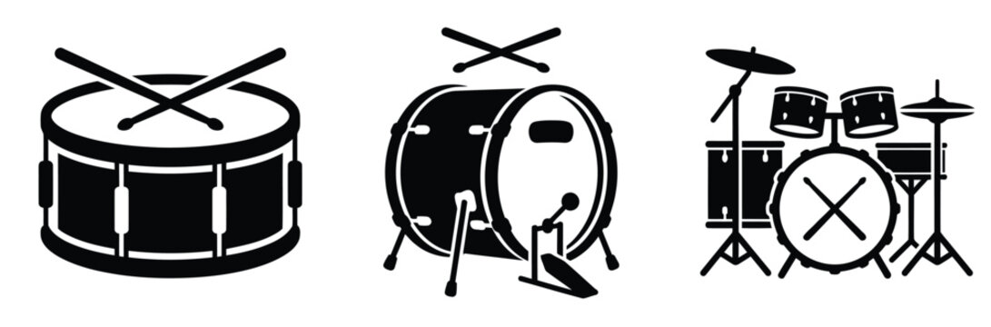 Minimalist drum set vector icons, black snare drum and bass drum silhouette set, musical percussion instruments for graphic design