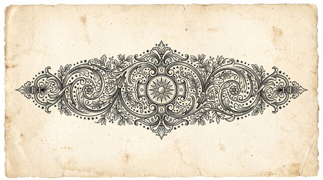 Vintage ornament vector illustration. Detailed black ink engraving with floral scrolls. Retro design element on aged paper texture background. Classical flourish divider for historical projects