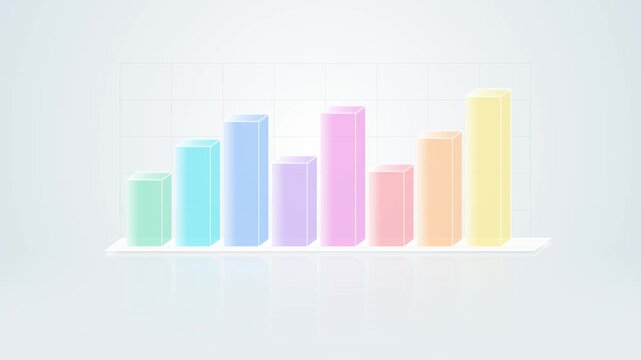 A pristine 4K animation of a 3D glassy bar chart featuring a clean, bright aesthetic with zero text or labels. The bars have distinct white glowing edges and glossy highlights, growing smoothly over a