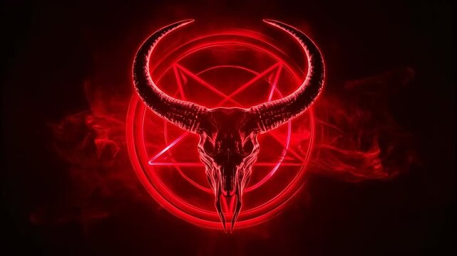 Red Demonic Horned Skull Pentagram Symbol Surrounded by Smoke, Dark Occult Atmosphere