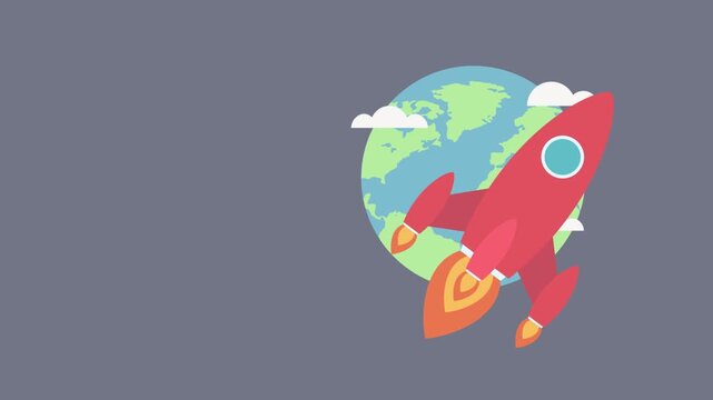 Rocket launching into space flat animation with earth background