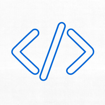Blue outlined coding symbols resembling angle brackets and a slash on a white background. Simple technology and programming concept.