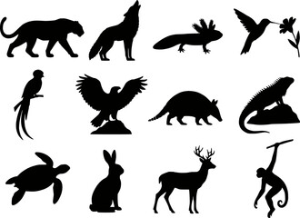 Obraz premium Mexican wildlife animals silhouettes vector icon set. Featuring jaguar, coyote, axolotl, hummingbird, quetzal, eagle, armadillo, iguana, sea turtle, rabbit, deer and spider monkey. Isolated.