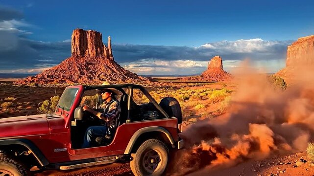 Red jeep drives dusty desert trail Monument Valley stunning natural landscape motion footage.
