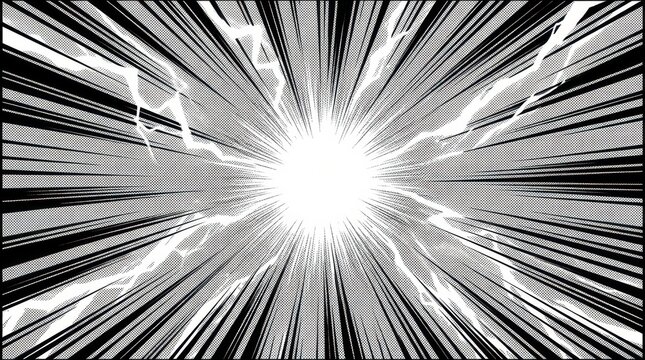 Dynamic black and white comic book style explosion effect with radial speed lines emanating from a central bright flash, featuring halftone dot patterns and lightning elements, conveying powerful impa
