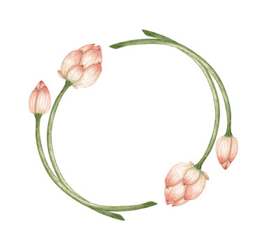 Lotus buds arranged in a round frame, watercolor illustration isolated from background. Floral design for wedding invitations, stationery, packaging, cards and decorative projects.