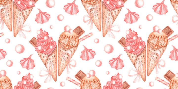 Ice creams, bows, marshmallows and round candies in pink and pastel colors, seamless watercolor pattern isolated from background, suitable for wrapping paper, packaging, textiles and festive designs.
