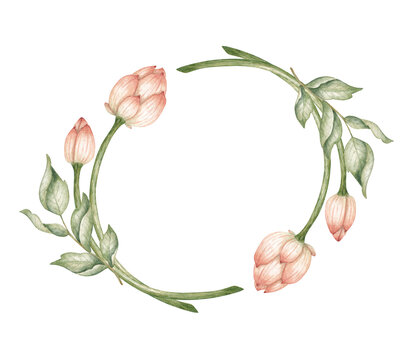 Lotus buds and leafy green branches forming a round frame, watercolor illustration isolated from background. Floral design for invitations, stationery, packaging and cards.
