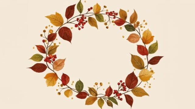 Autumn Wreath with Colorful Leaf and Berry Decoration, Warm Seasonal Frame