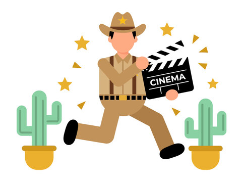 Cowboy Filmmaker Character Running with Cinema Clapperboard in Desert Setting - Flat Vector Illustration for Movie Industry and Creative Video Production