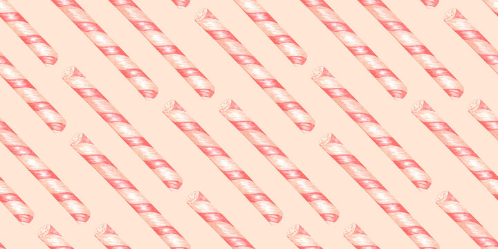 Pink wafer sticks arranged diagonally, seamless watercolor pattern on peach background. Sweet design for confectionery packaging, birthday cards, wrapping paper, textile and stationery.