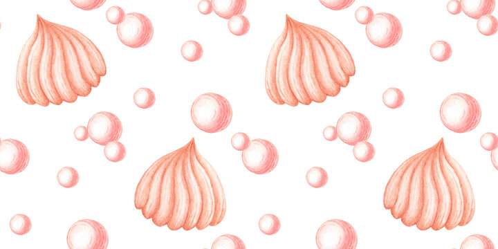 Peach marshmallows and pink round candies, seamless watercolor pattern isolated from background. Sweet design for confectionery packaging, birthday cards, invitations, wrapping paper and textile.