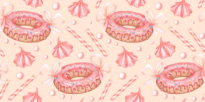 Pink donut, bows, marshmallows, wafer sticks and round candies, seamless watercolor pattern on a peach background, suitable for wrapping paper, packaging, textiles, stationery and festive designs