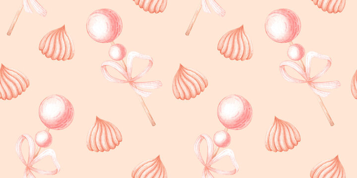 Pink lollipops on sticks with bows and marshmallows, seamless watercolor pattern on peach background. Sweet candy design for birthday wrapping paper, party decor, textile prints and stationery.