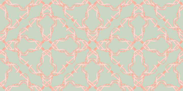 Pink ribbons geometric seamless pattern on green background, watercolor isolated. For gift wrap, wallpaper, textile prints, stationery, greeting cards, scrapbooking, packaging and decor.
