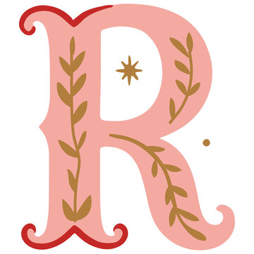 Letter R floral vintage monogram drop cap christmas ornament typography vector illustration