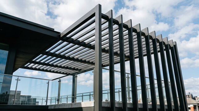 Modern architectural dark metal pergola on rooftop against blue sky