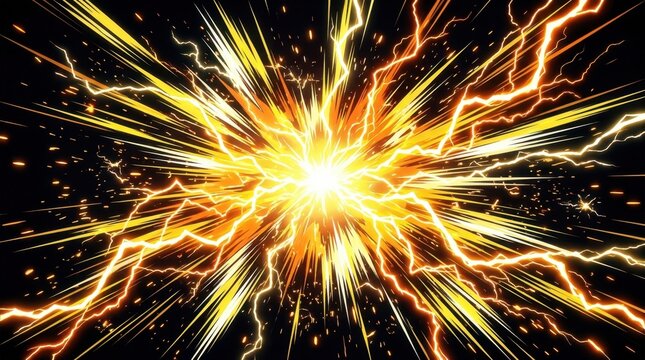 Dynamic electric explosion with bright yellow and orange lightning bolts radiating outward from a powerful central light source against a stark black background, creating an energetic and impactful ab
